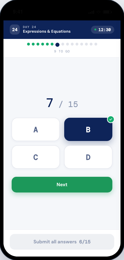 Answering on the app — instant right/wrong feedback per question