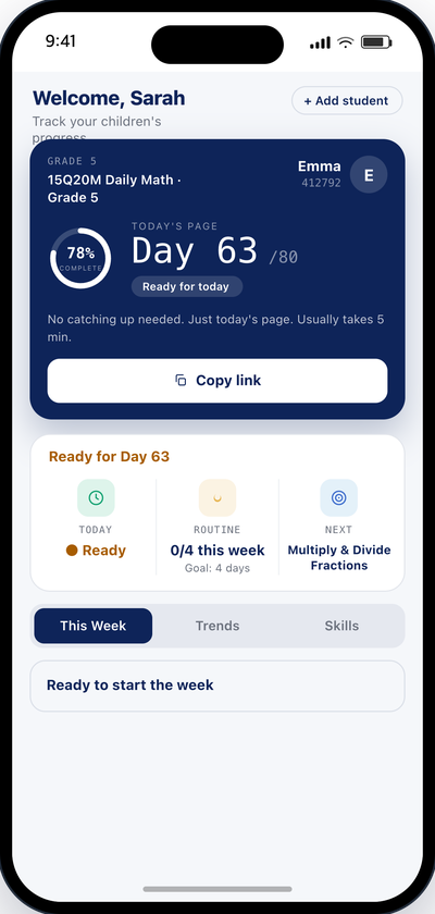 Parent dashboard - today's page ready, weekly routine at a glance