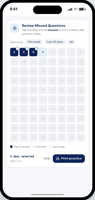 Review missed questions — pick the days to print