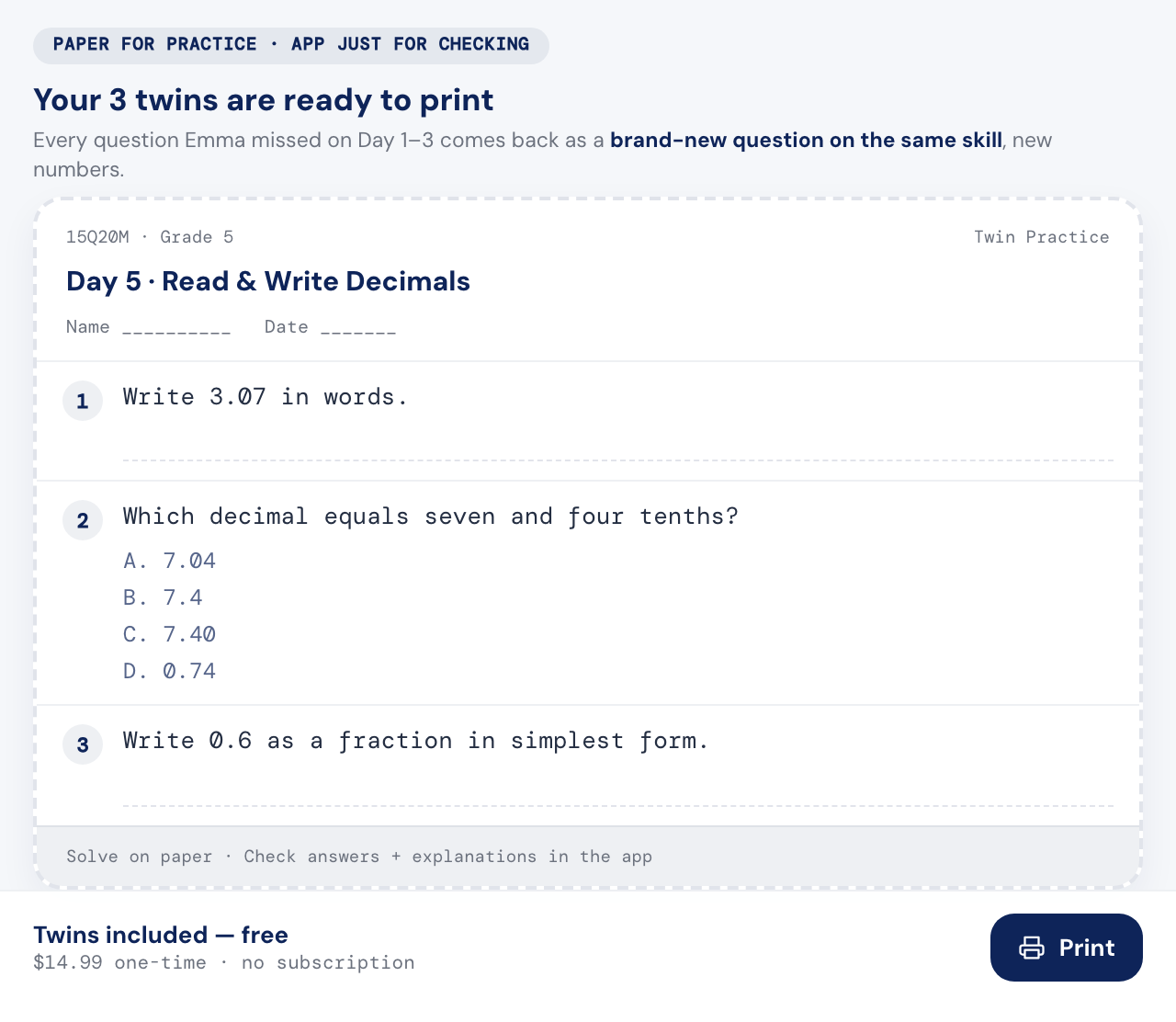 Twin practice sheet ready to print — same skill, new numbers, included free, no subscription