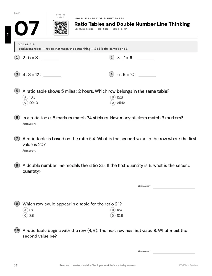 Day 7 spread page 1 — Ratio Tables and Double Number Line Thinking, Module 1, CCSS 6.RP