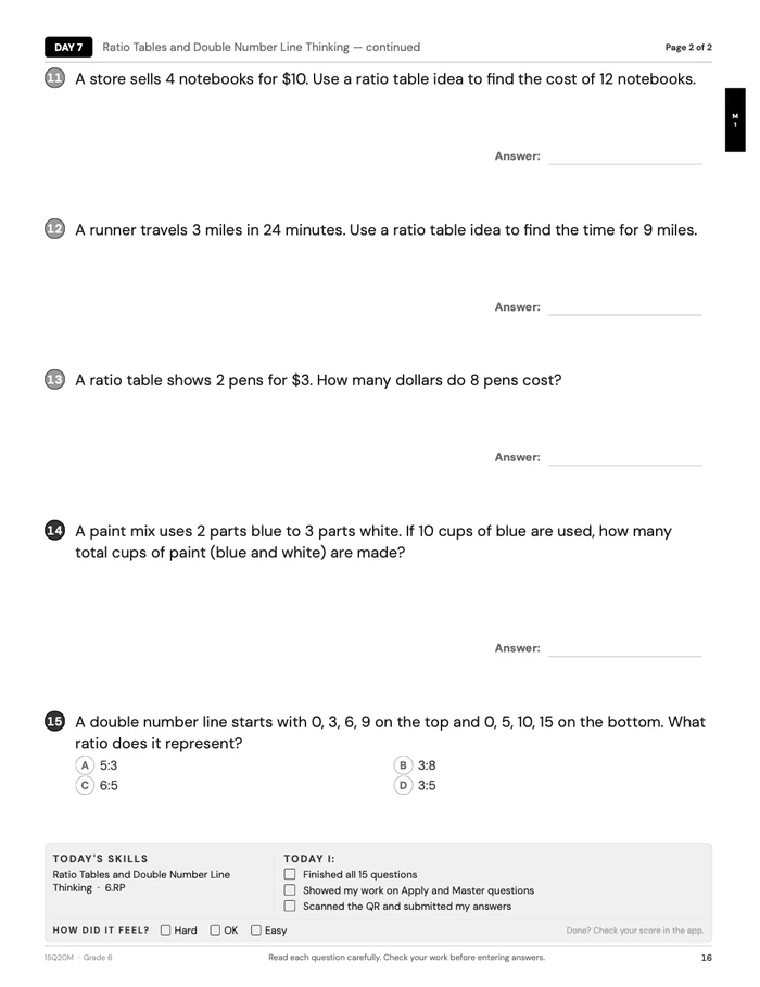 Day 7 spread page 2 — continued, questions 11-15